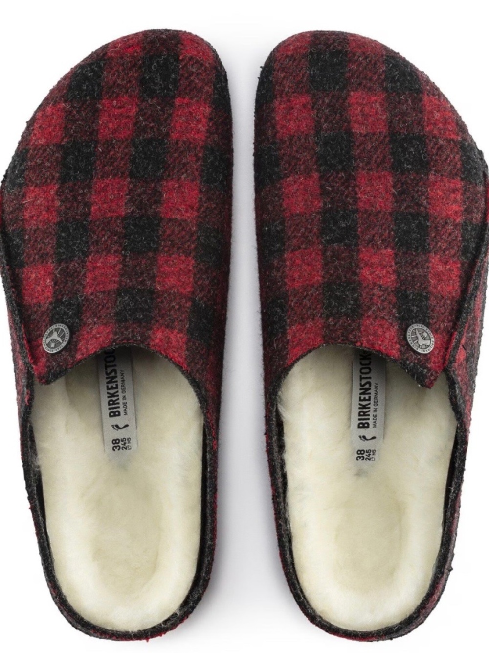 Birkenstock Red and Black Plaid Wool Slip-On Clogs Zermatt Shearling